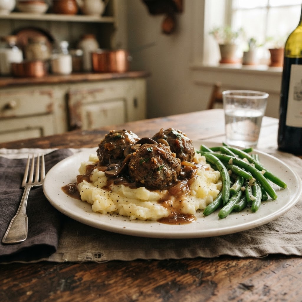 A perfect, comforting dinner plate with Salisbury steak and potatoes.
