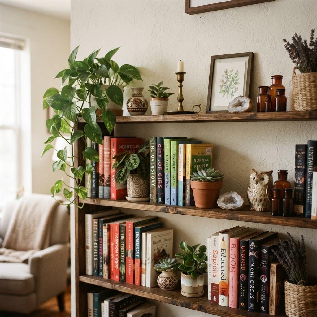 Style your bookshelves to avoid needing wall-mounted storage.