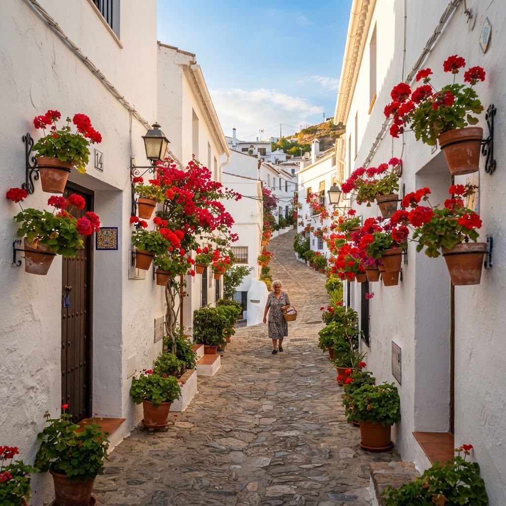 The iconic whitewashed walls and vibrant flowers of an Andalusian pueblo.