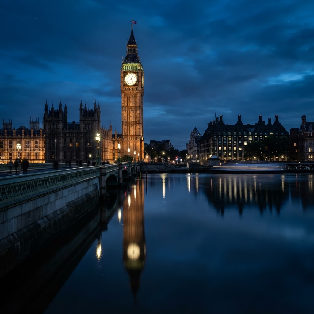 Reflections of the Elizabeth Tower shimmering on the Thames during blue hour.