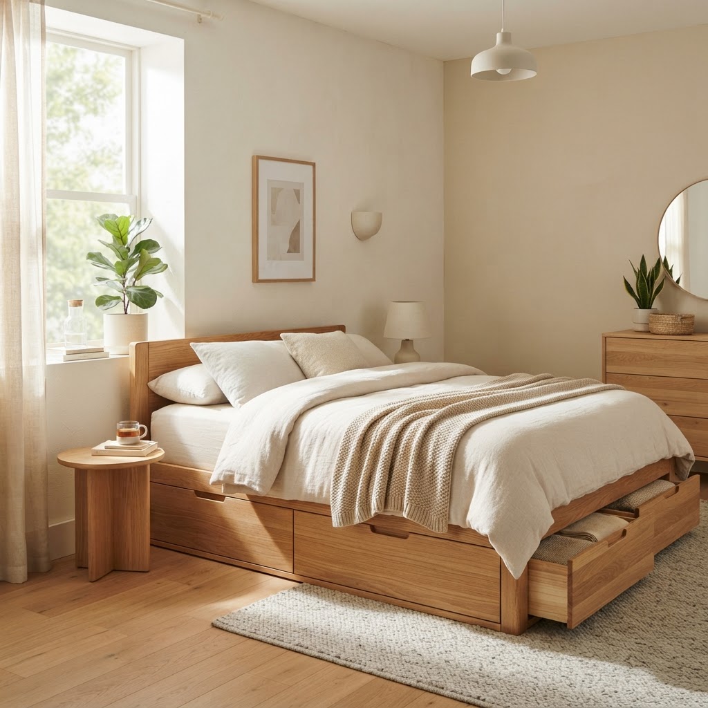 A platform bed maximizes storage without adding bulky furniture.