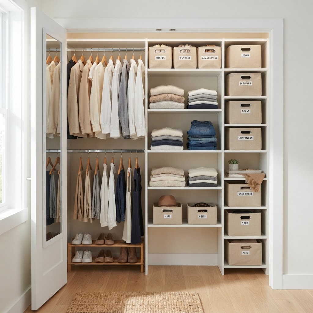 Converting a closet into a mini-wardrobe saves precious bedroom floor space.
