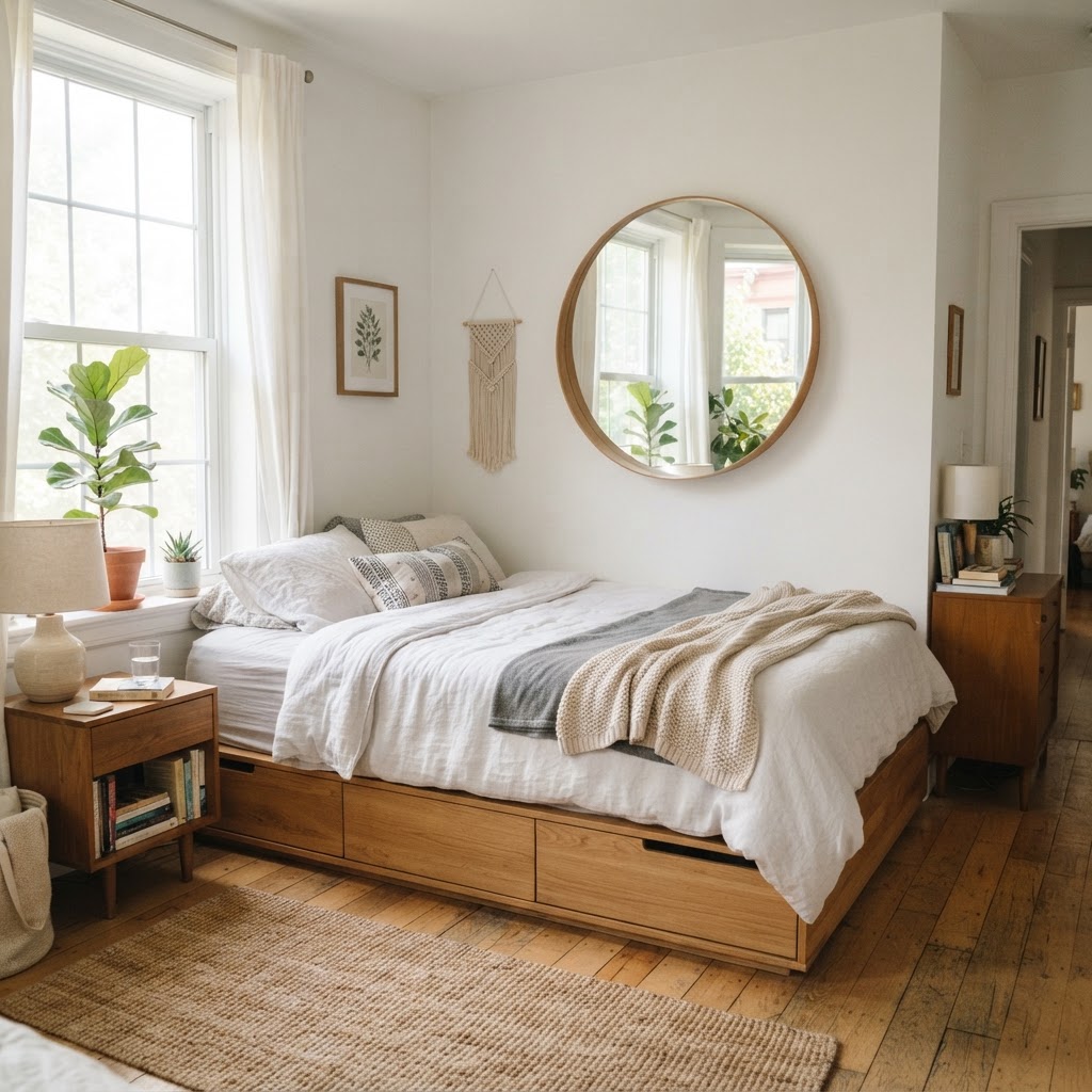 Bright, minimalist bedroom layout using mirrors and light tones to maximize space.