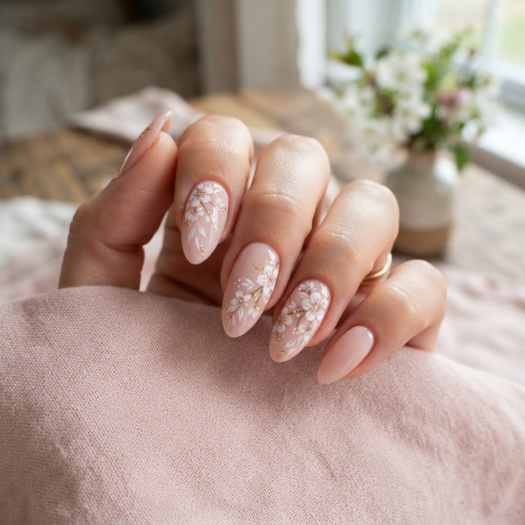 Elegant almond-shaped nails with soft pink floral designs.