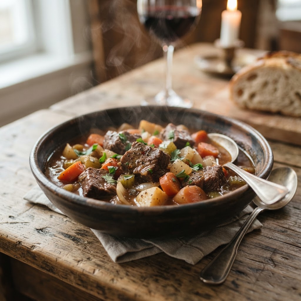 The finished product: a perfect, hearty bowl of slow cooker beef stew.