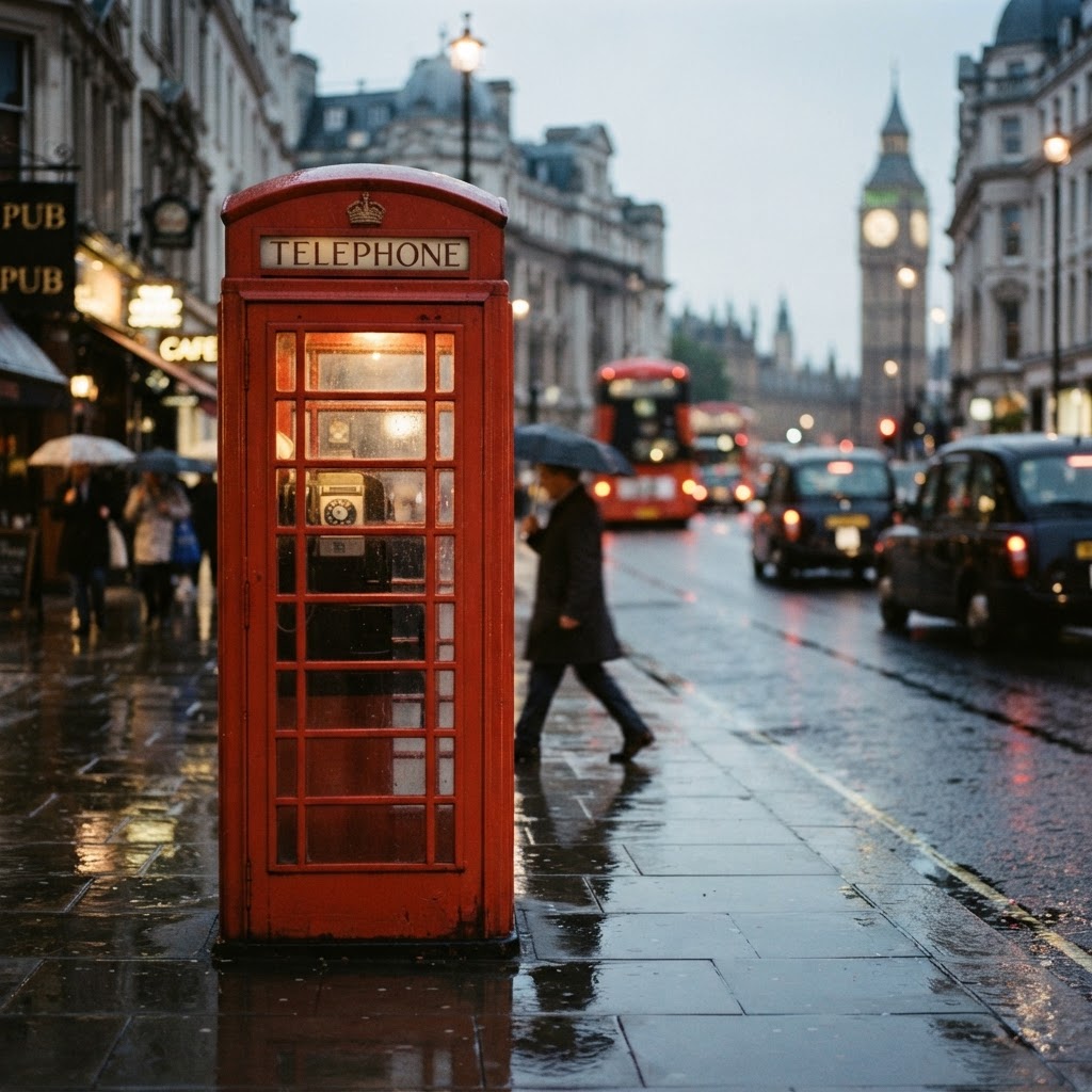 A rainy day brings out the best in London's iconic red telephone boxes.