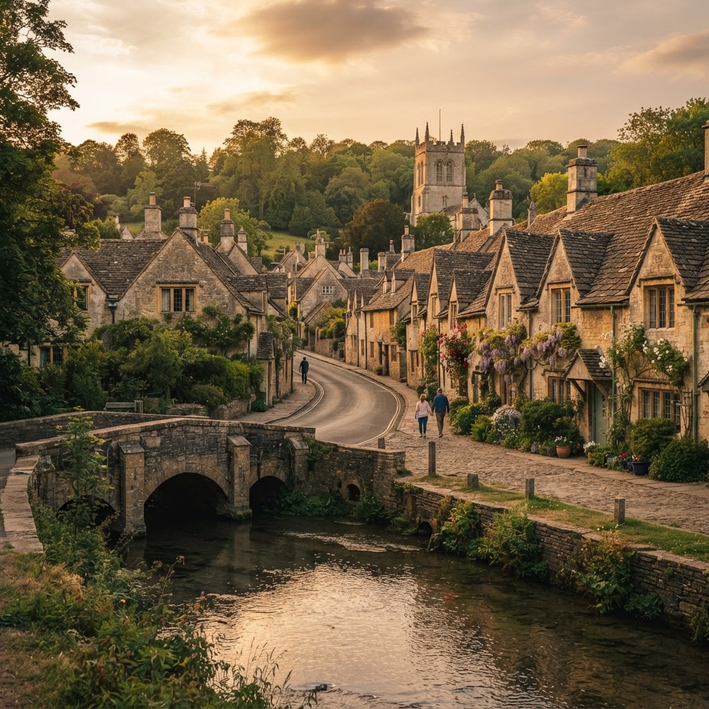 The serene beauty of Castle Combe at golden hour.