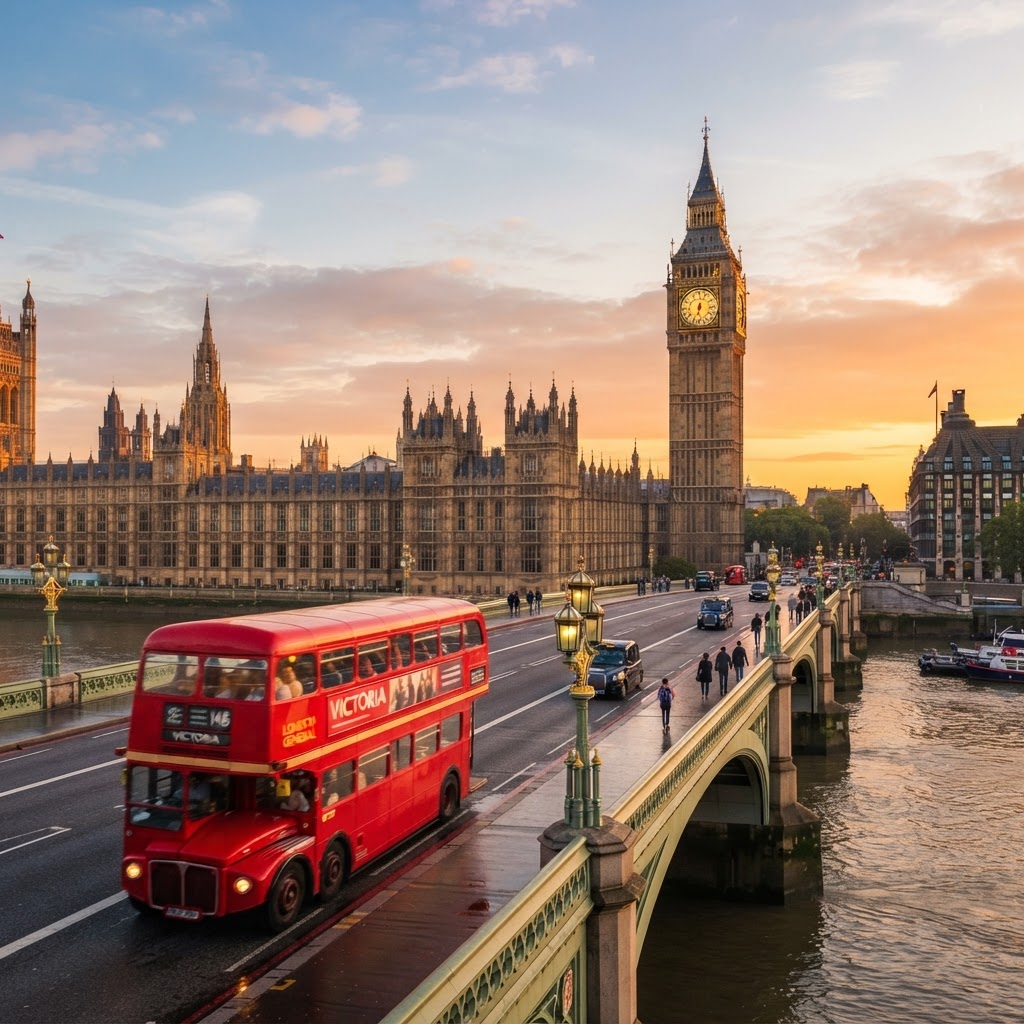 The classic morning view from Westminster Bridge.