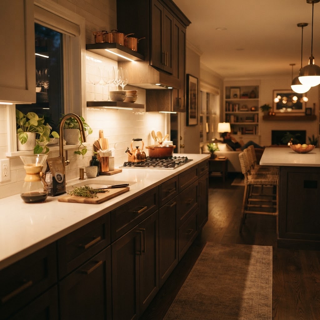 Battery-operated LED lights add both function and a cozy ambiance.