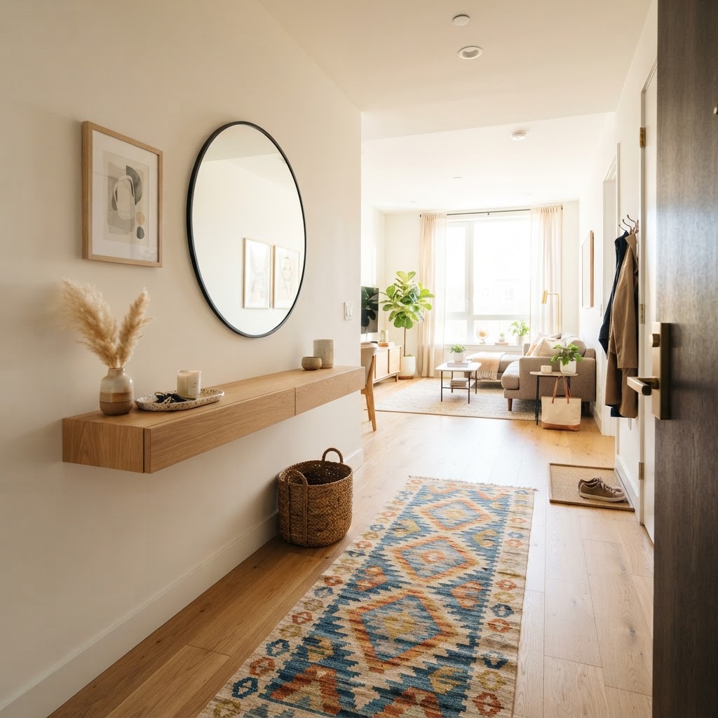 Use a runner rug and a console table to define your entrance area.
