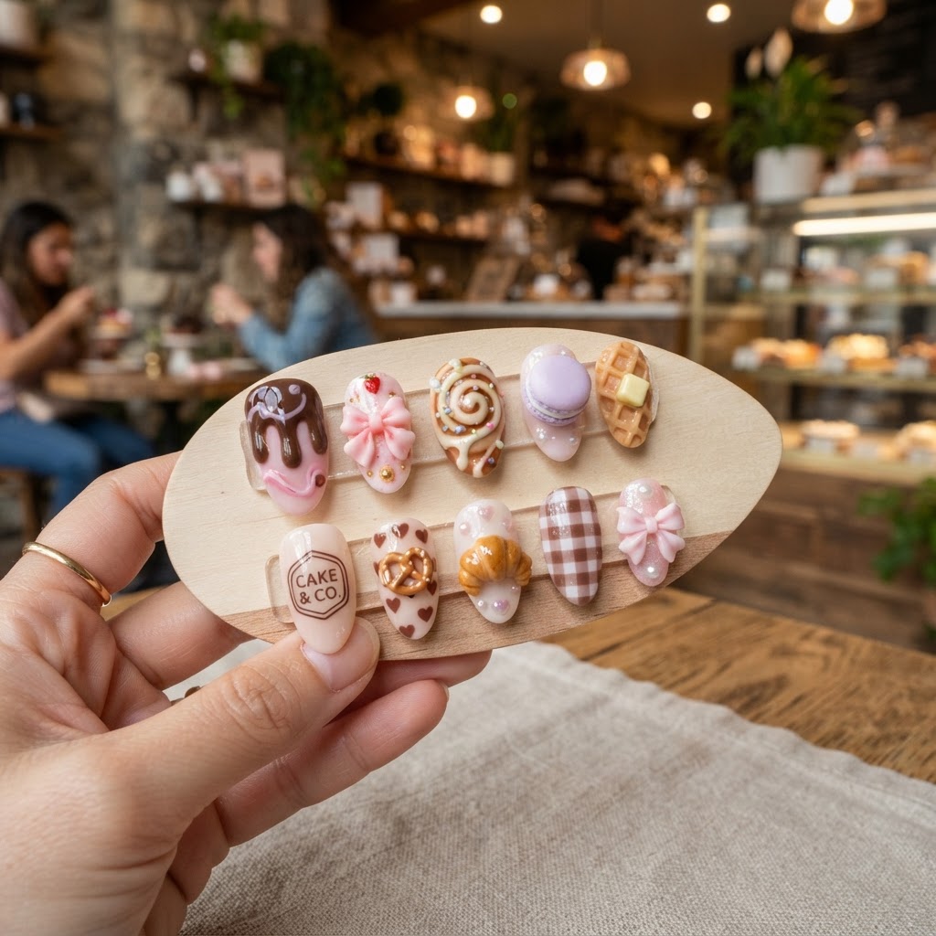 Bakery-inspired almond nails with cute 3D charms.