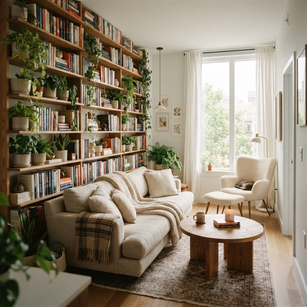 Floor-to-ceiling shelving maximizes storage and draws the eye upward.