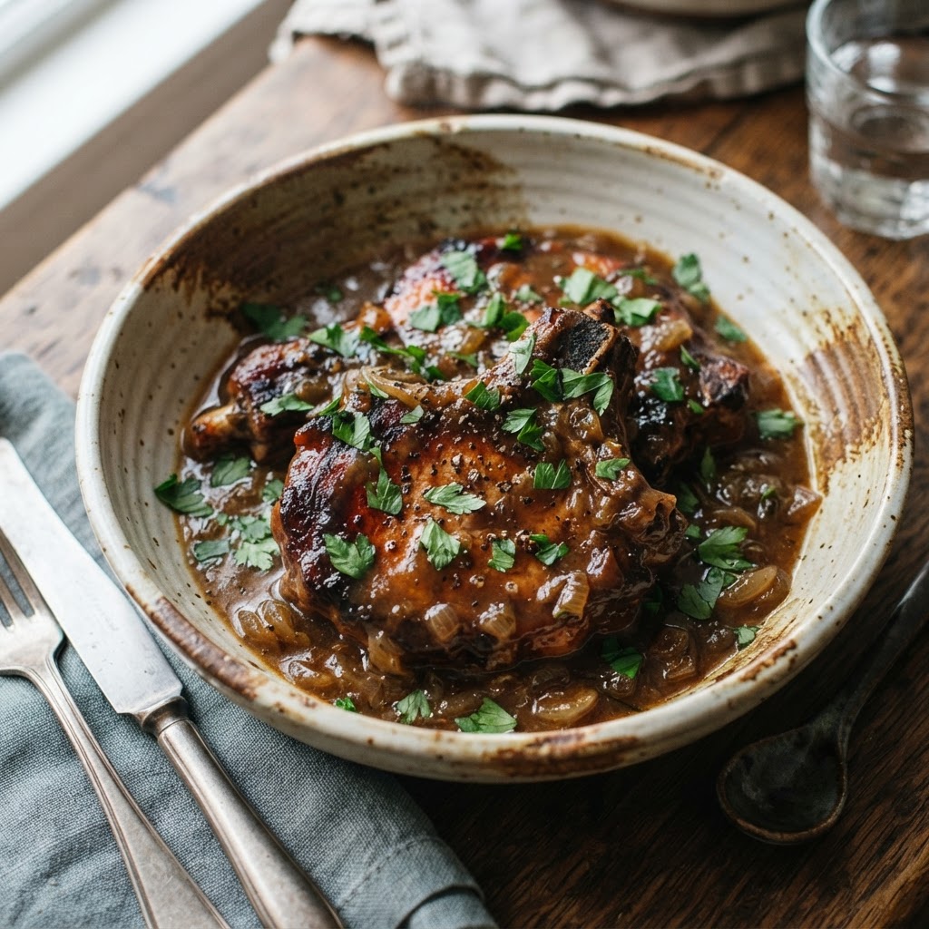 Tender, juicy slow cooker pork chops with savory gravy.
