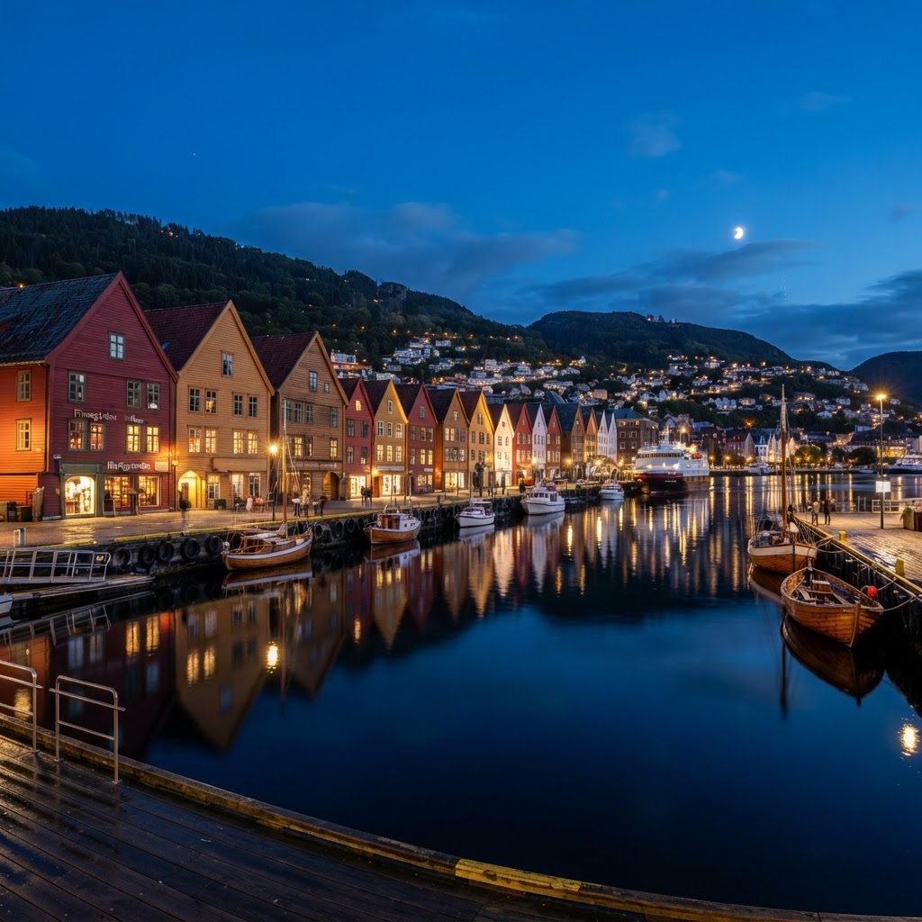 The iconic, vibrant facades of Bryggen reflecting beautifully in the harbor at twilight.