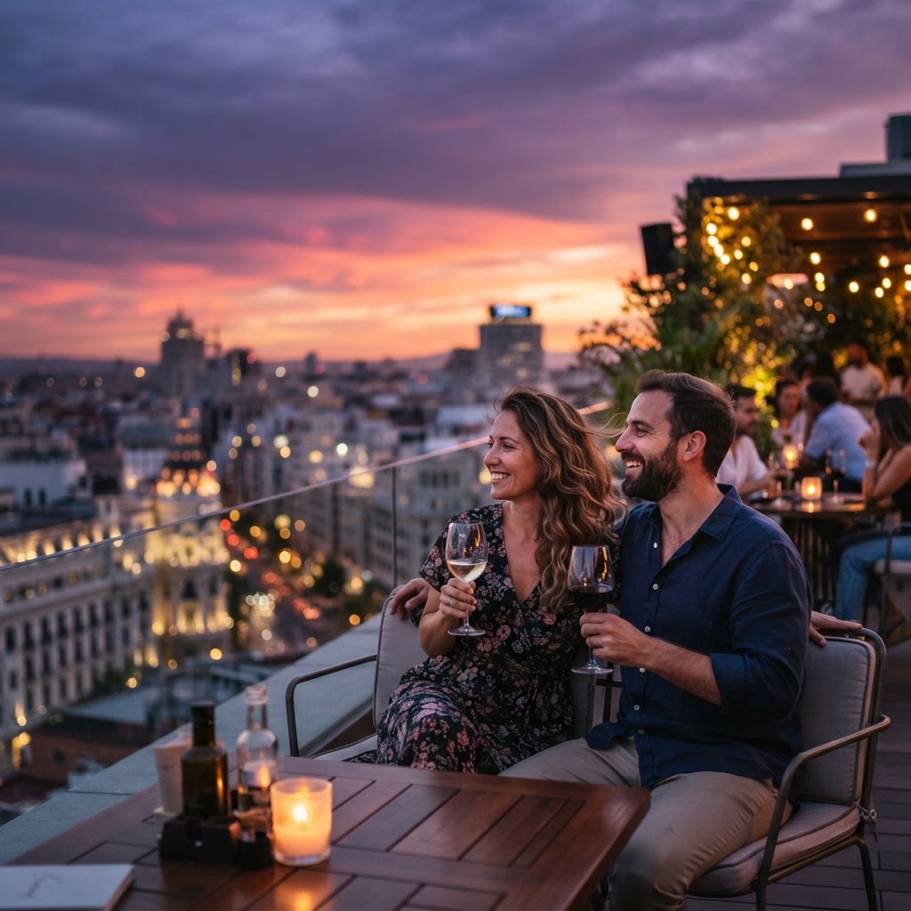 Enjoying a sunset drink at a premier rooftop bar.