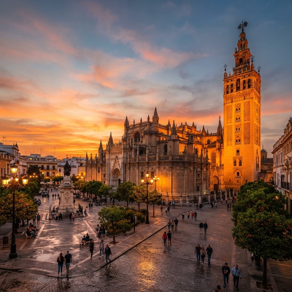 The grand exterior of the Seville Cathedral during the golden hour.