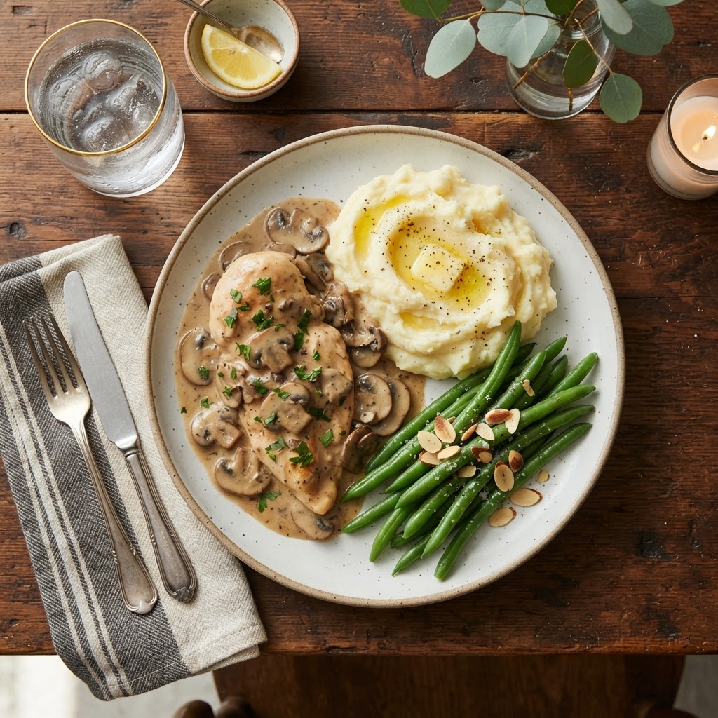 A balanced and healthy dinner featuring slow cooker chicken marsala.