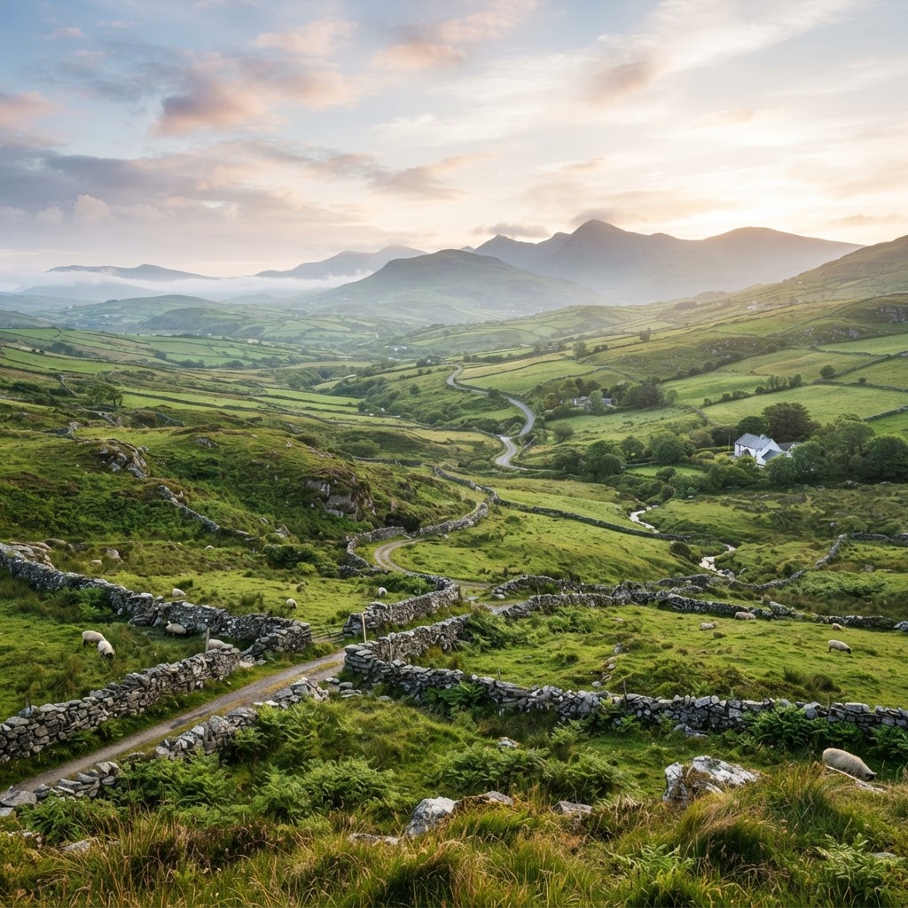 The vibrant, emerald rolling hills characteristic of the Irish countryside.