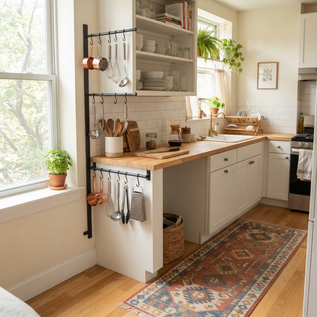 Use vertical storage and rugs to define and organize your small space.