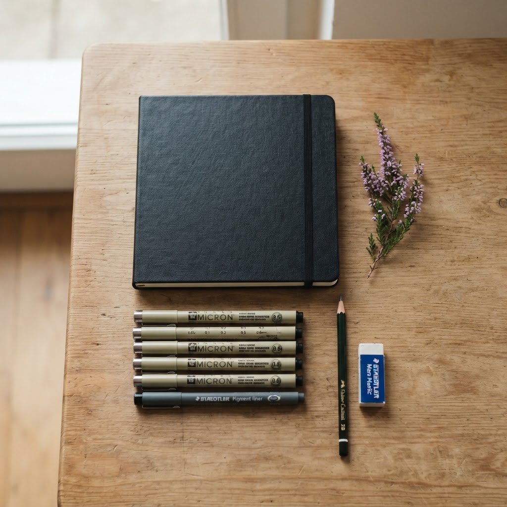 A organized setup of essential tools for your pen and ink art journey.