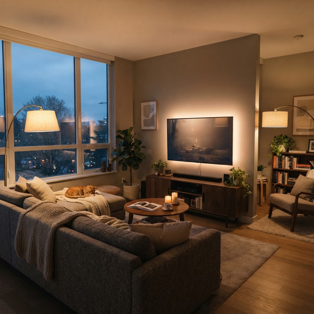 Layering floor lamps creates a cozy atmosphere.