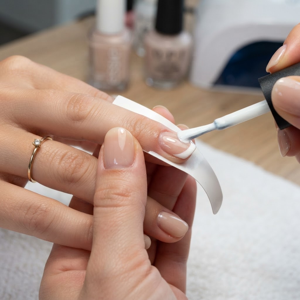 Using guide strips for a perfect French tip application.