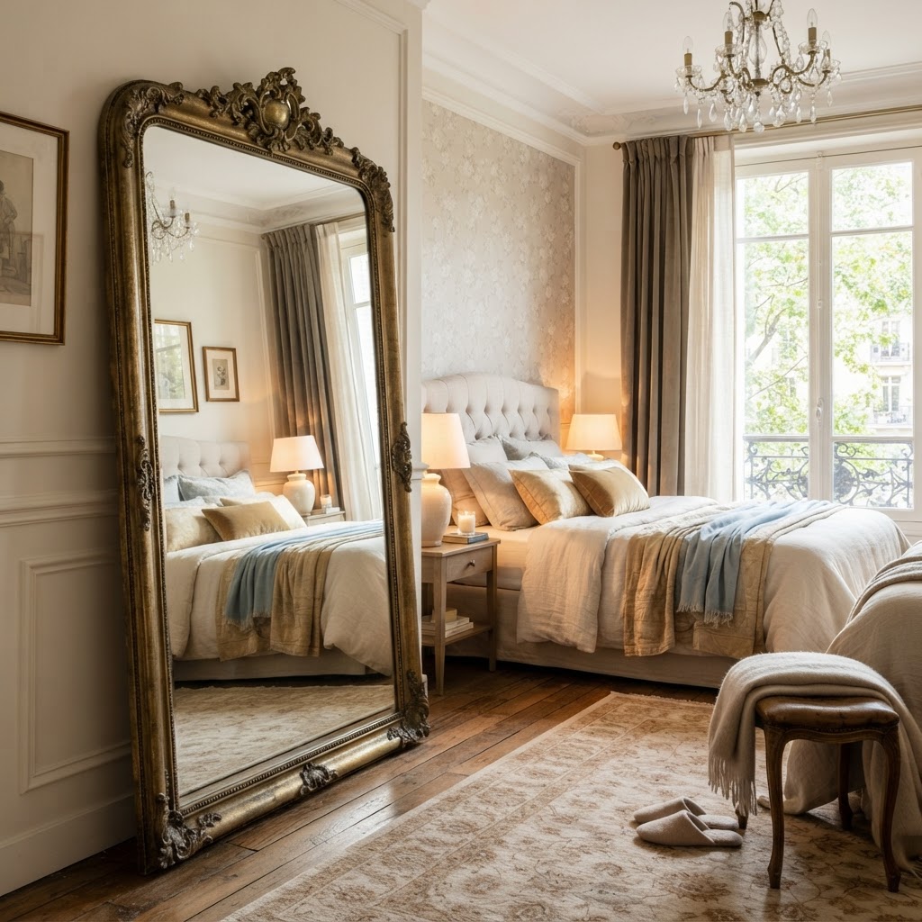 Leaning mirrors create an expensive look without any wall damage.