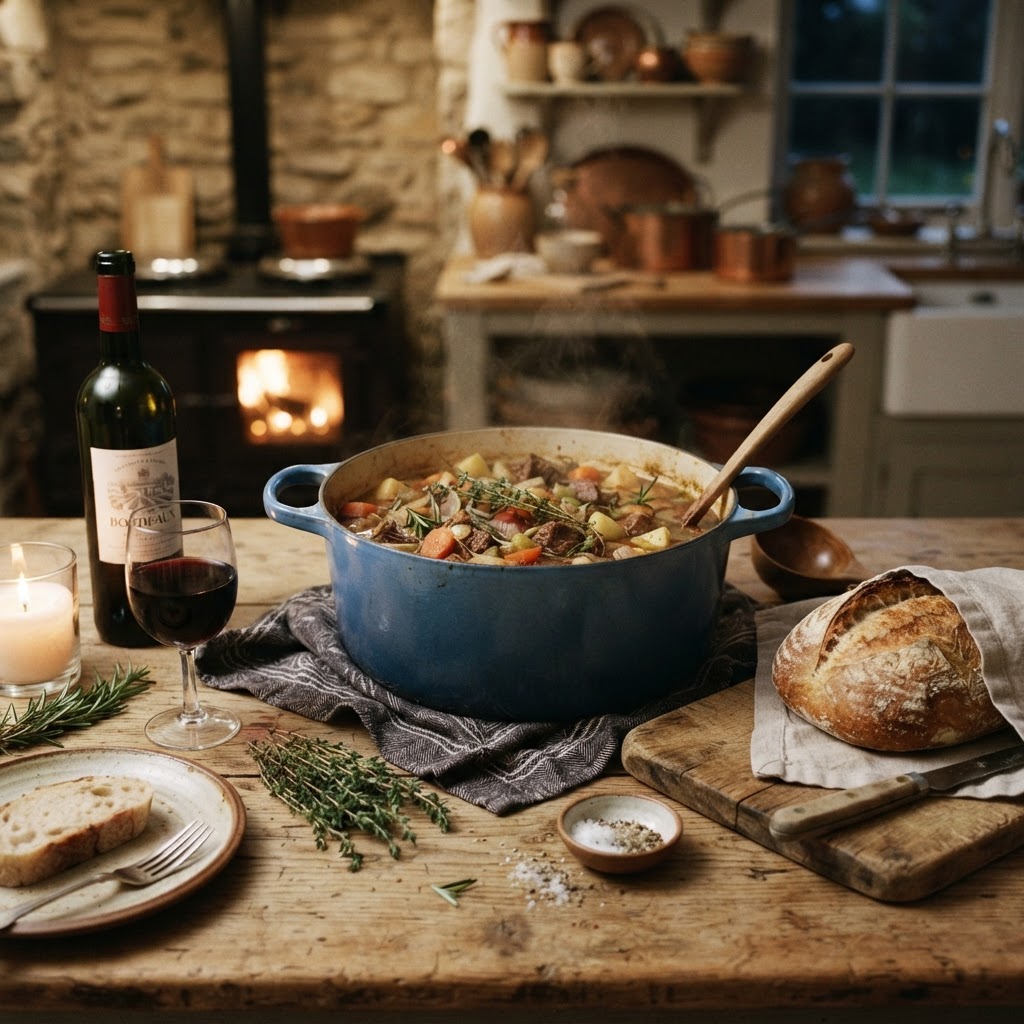A rustic setting for a family beef stew dinner.