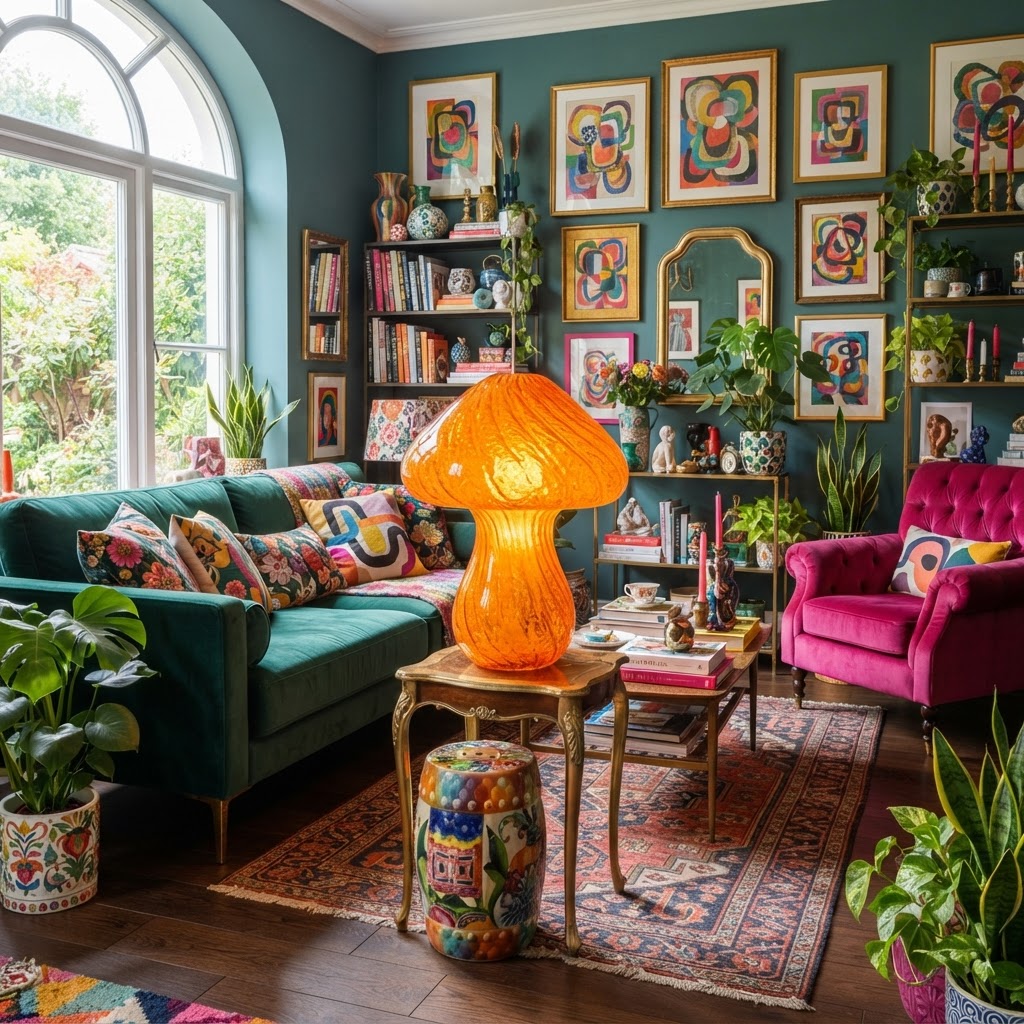 A vibrant mushroom lamp adds a playful touch to a maximalist space.