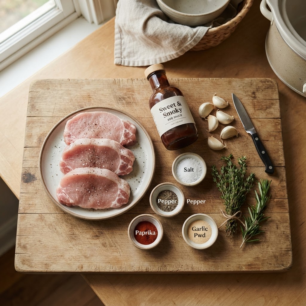 Essential ingredients to get started with your easy slow cooker pork chop recipe.