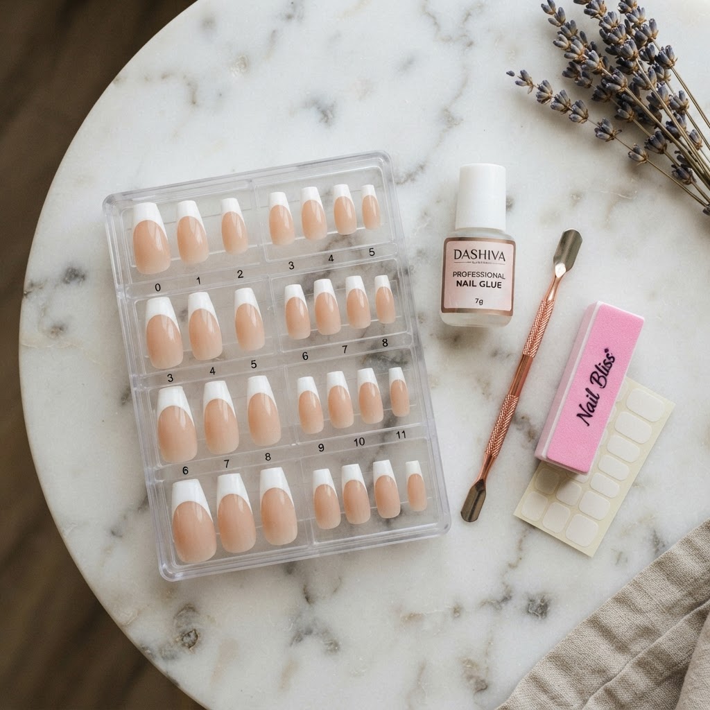 Essential tools for achieving salon-quality press-on nails at home.