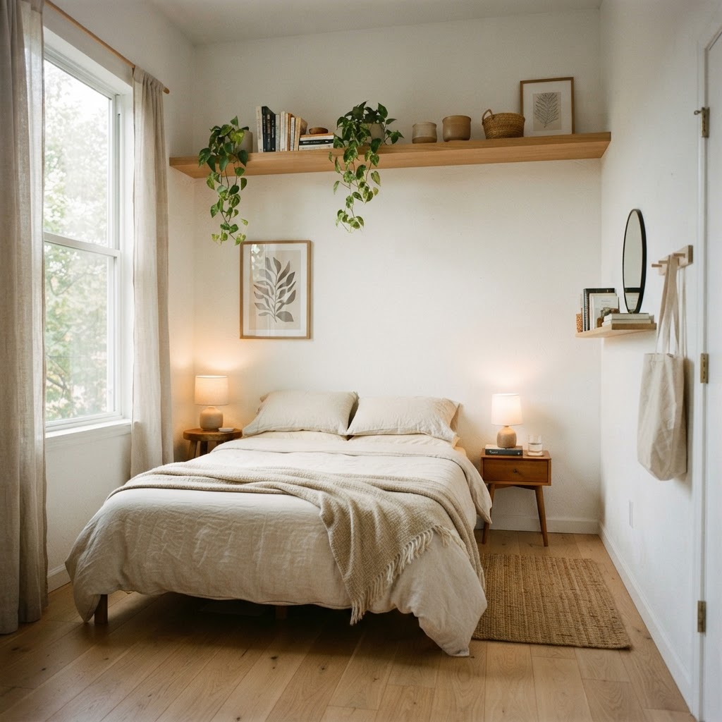 Utilizing vertical space near the ceiling keeps the floor clear.