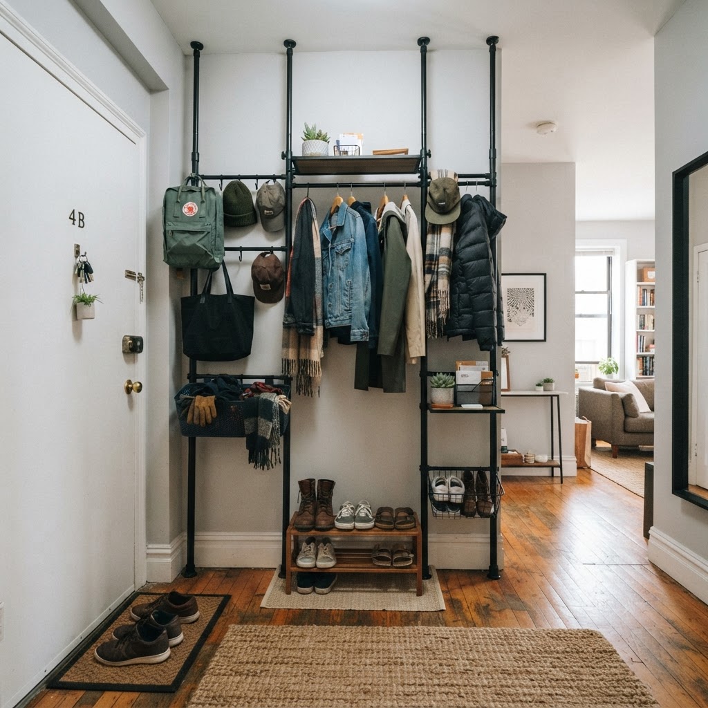 A space-saving tension-pole system for small apartments.