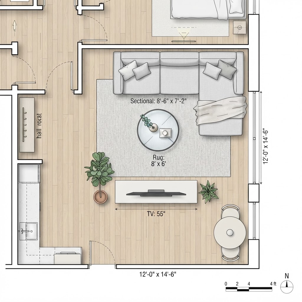 Use a strategically placed rug to anchor your sectional and define the space.