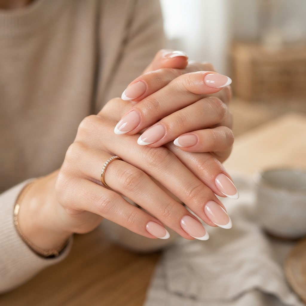 Classic French tip almond nails.