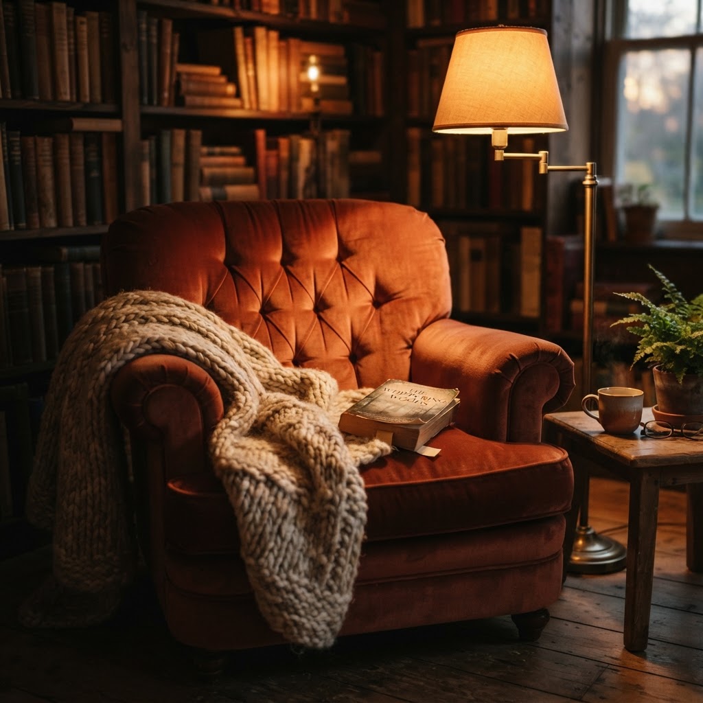 The perfect reading corner with warm, cozy lighting.