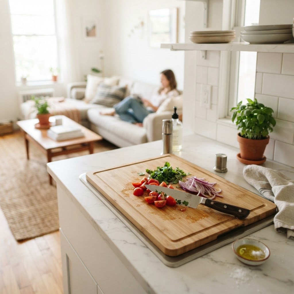 Using a sink cover to instantly create more counter space.