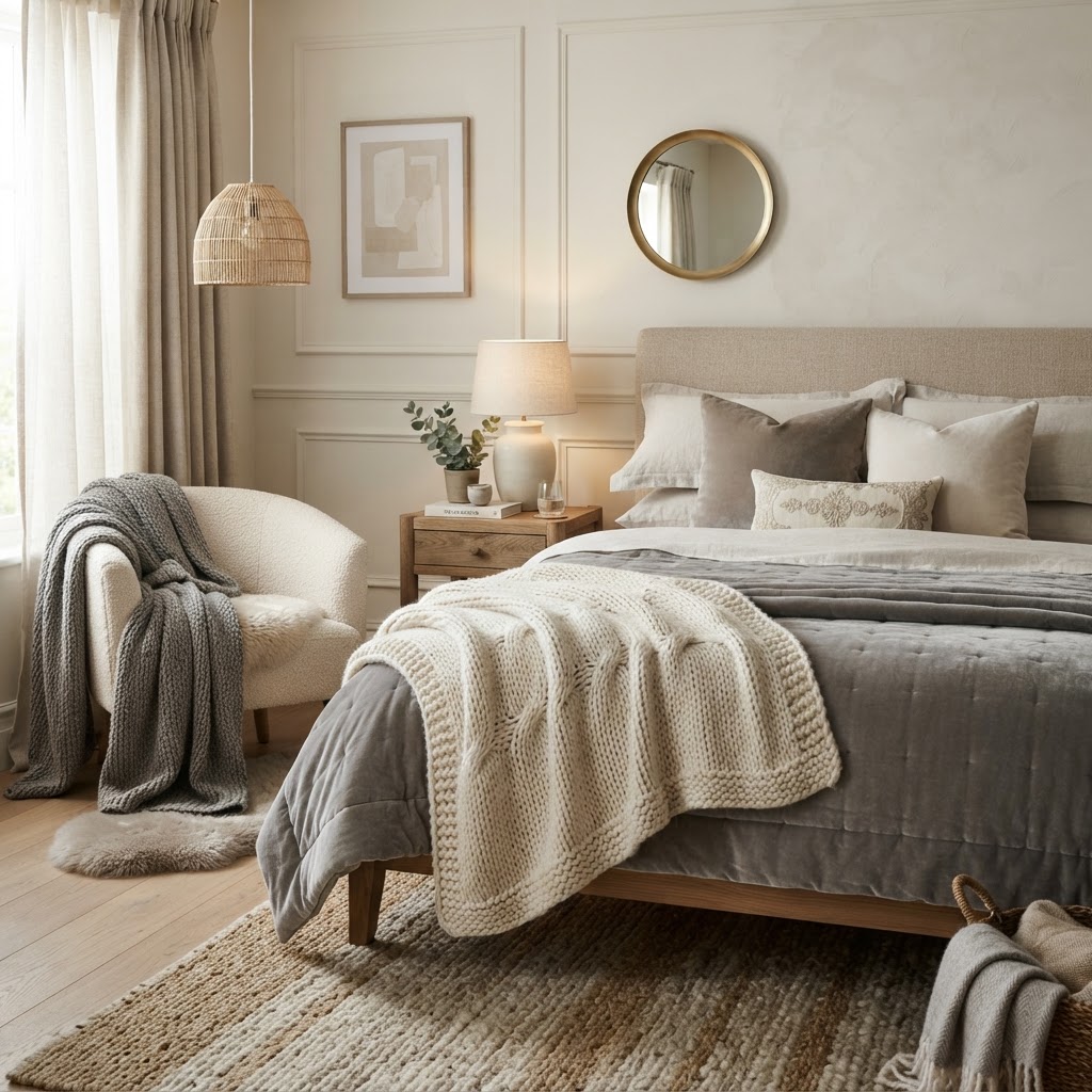 Layered textiles make a small bedroom feel like a boutique hotel.