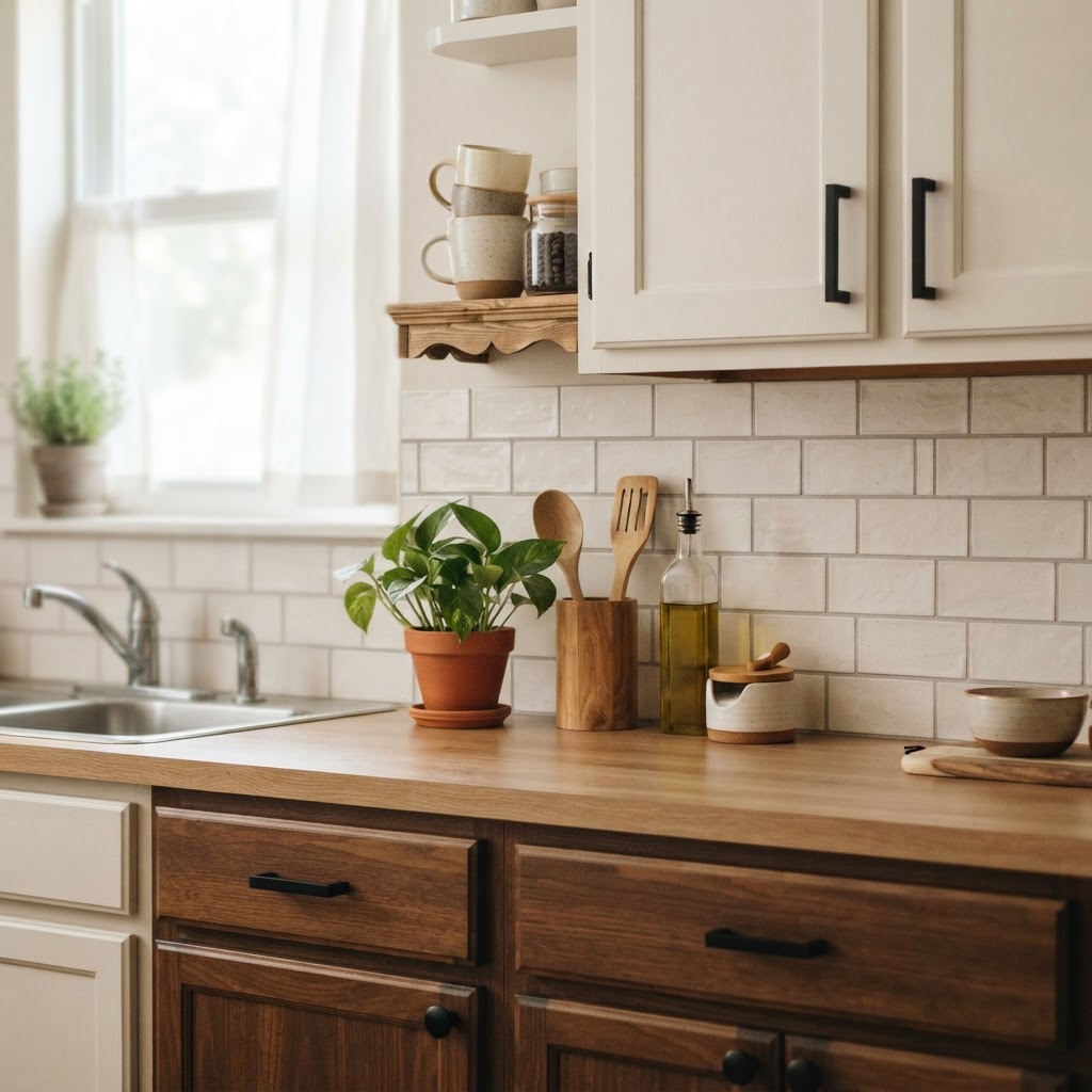 Peel-and-stick tiles and upgraded knobs are simple ways to refresh your kitchen without damage.