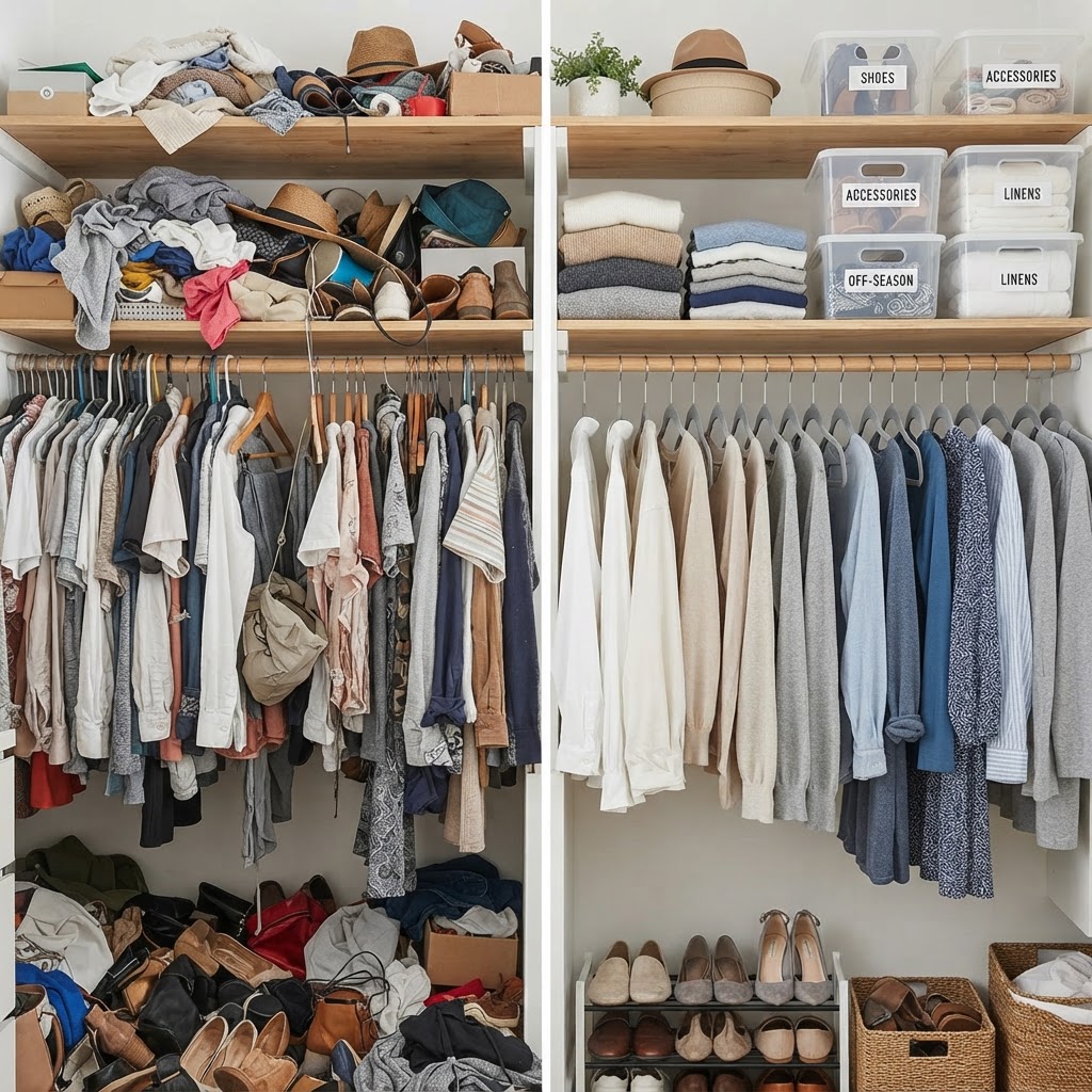 Categorization and clear bins transform the visual appeal of a small closet.