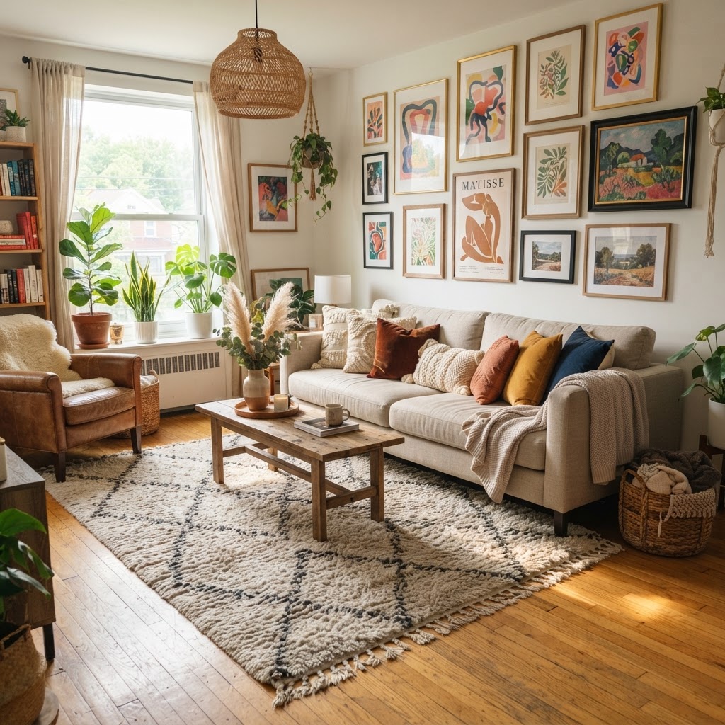 Layering textures with rugs and pillows can transform any basic living room.