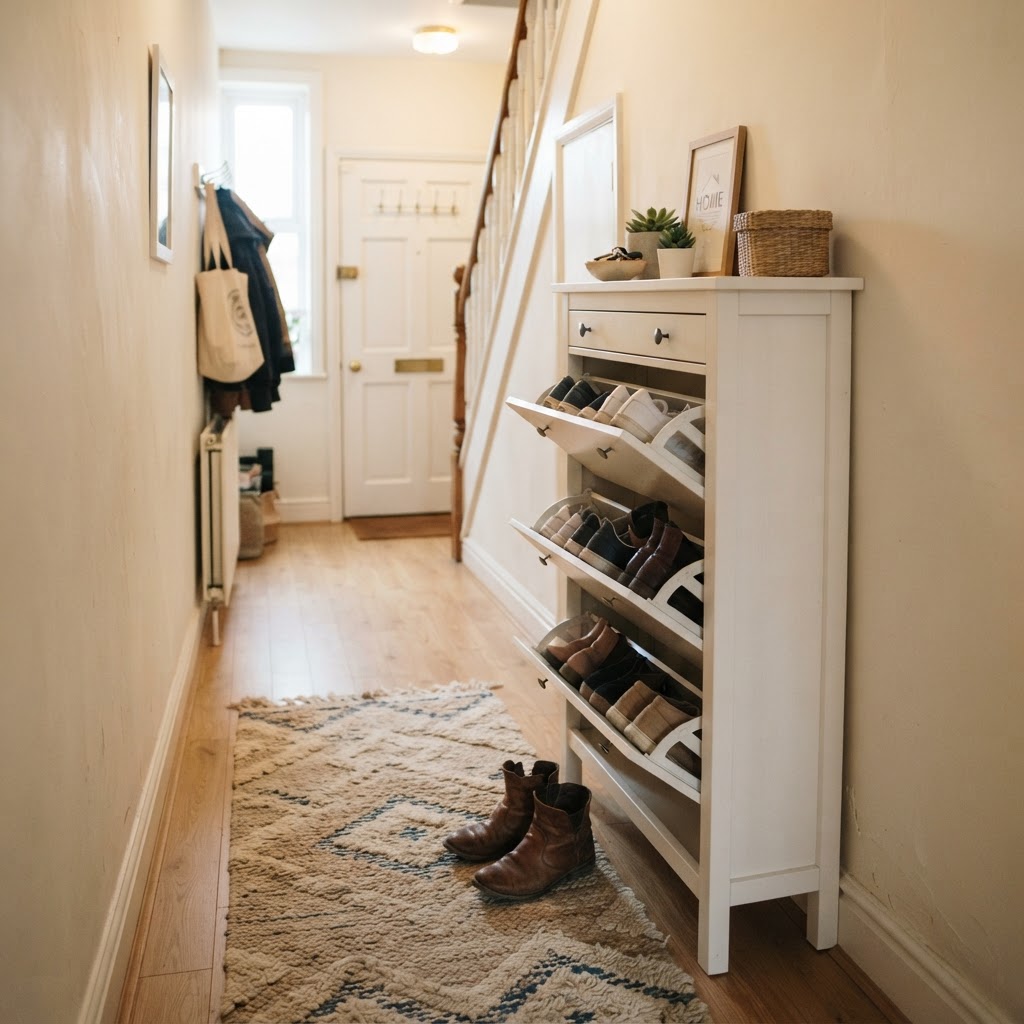 Slim furniture is essential for narrow apartment halls.