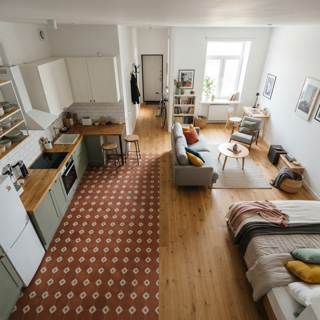 Different flooring materials are a clever way to zone a small apartment.