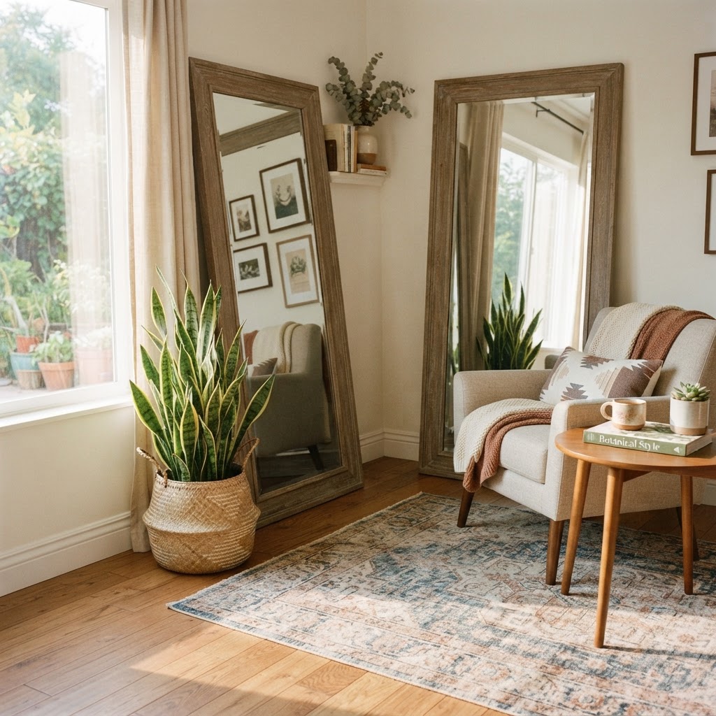 Use mirrors and plants to open up small spaces and add character.
