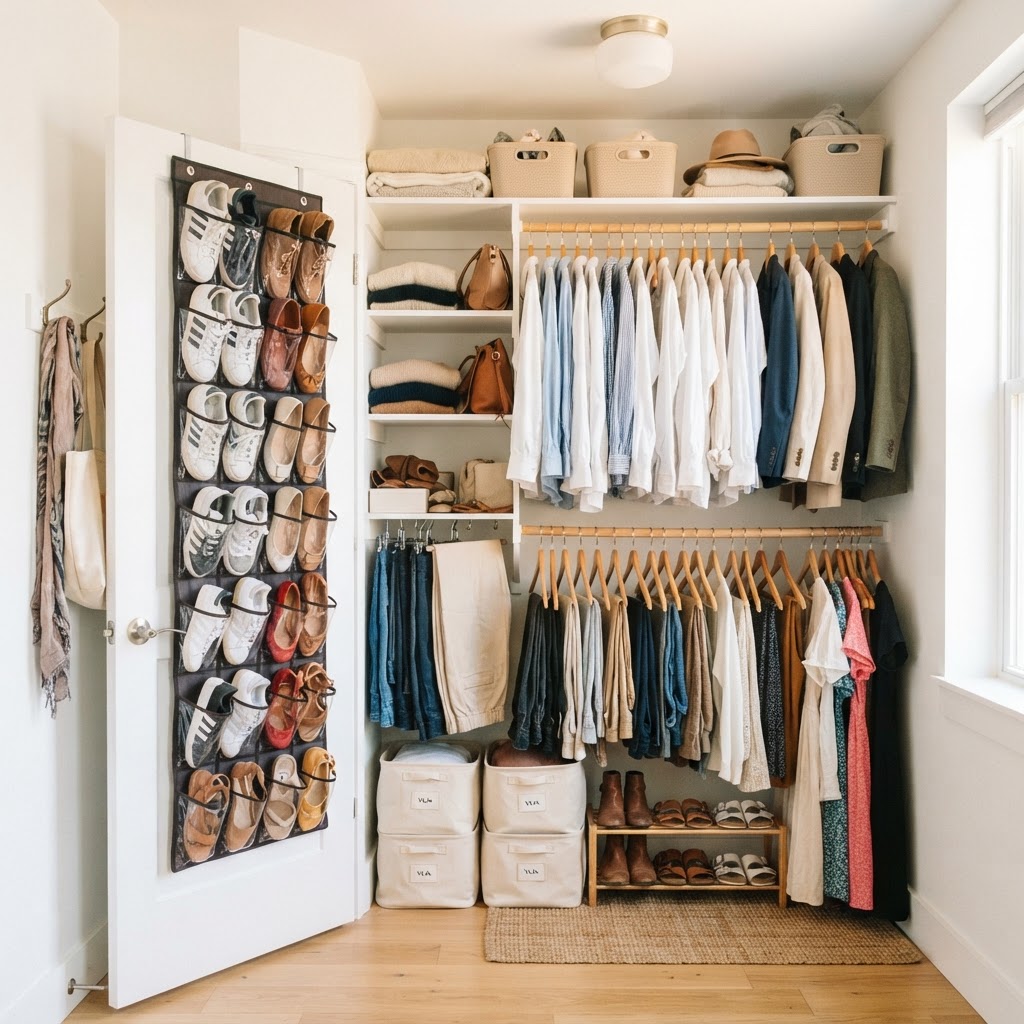 Use over-the-door organizers to maximize tiny closet space.