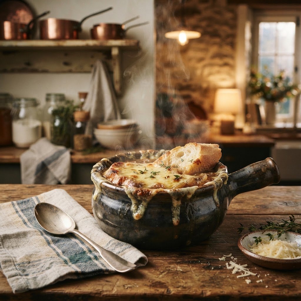 Creamy French onion soup served in a classic bowl.