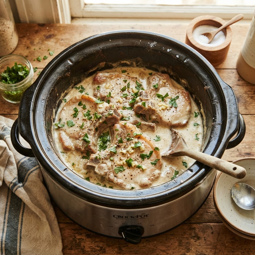 Creamy garlic slow cooker pork chops fresh from the pot.