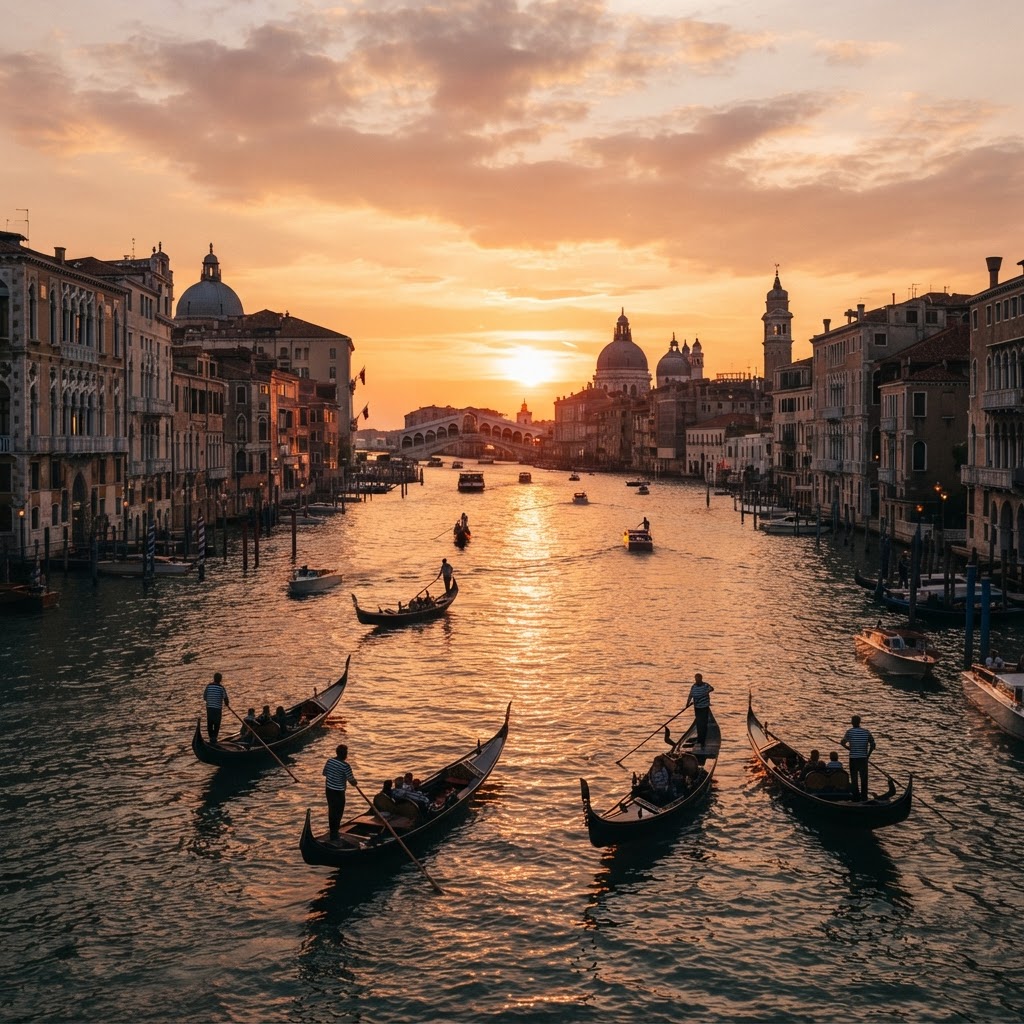 The sun sets over the iconic Grand Canal.