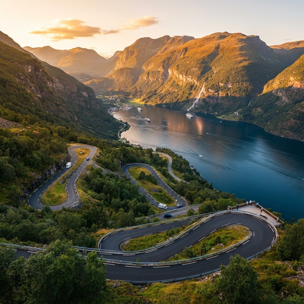 The Eagle Road provides a dramatic aerial view of the fjord's mouth.