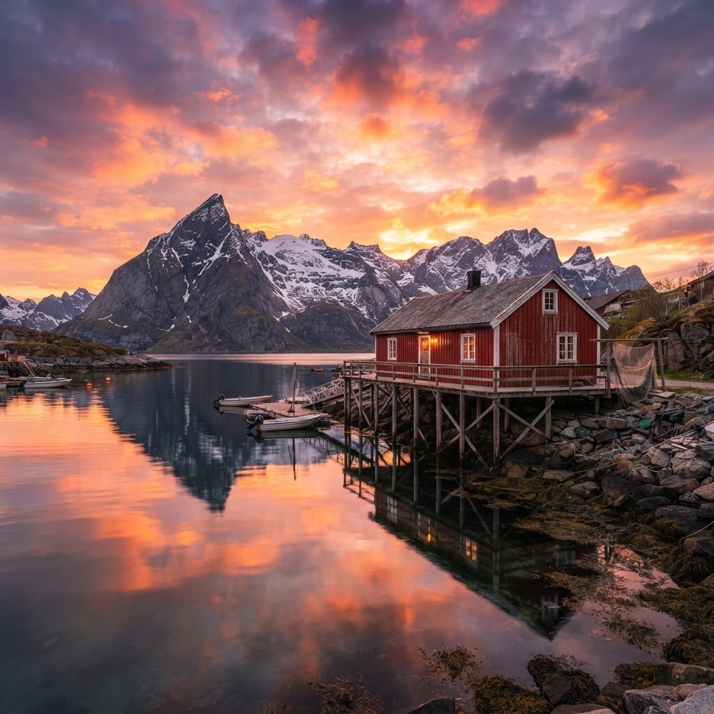 Lofoten Cabins That Look Like a Painting: A Traveler's Guide 2 The iconic red Rorbu cabins create a beautiful contrast against the dramatic Lofoten mountains at dusk.
